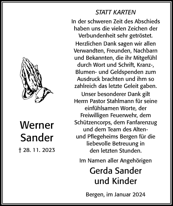 Traueranzeige von Werner Sander von Cellesche Zeitung