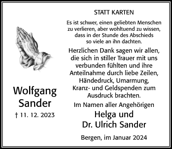 Traueranzeige von Wolfgang Sander von Cellesche Zeitung