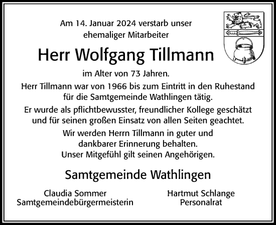 Traueranzeige von Wolfgang Tillmann von Cellesche Zeitung