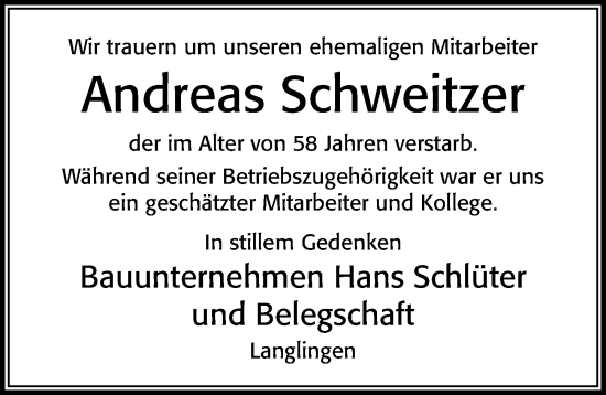 Traueranzeige von Andreas Schweitzer von Cellesche Zeitung