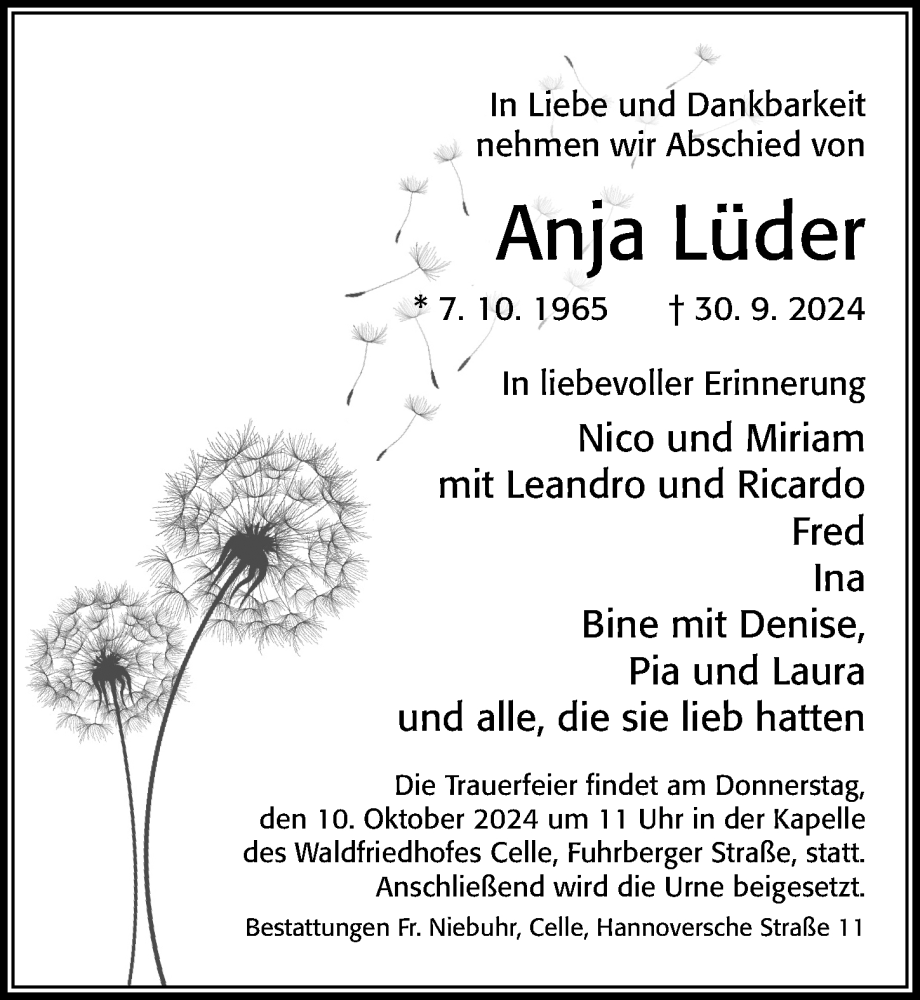  Traueranzeige für Anja Lüder vom 05.10.2024 aus Cellesche Zeitung