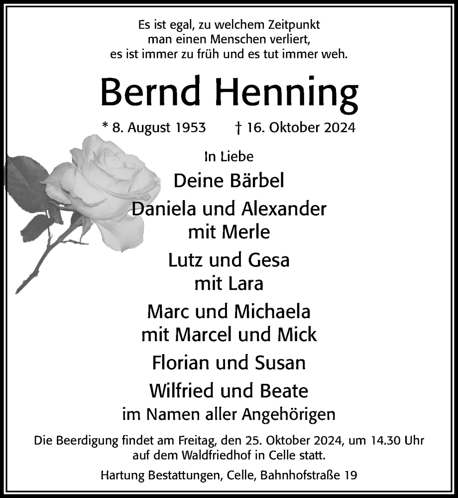  Traueranzeige für Bernd Henning vom 19.10.2024 aus Cellesche Zeitung