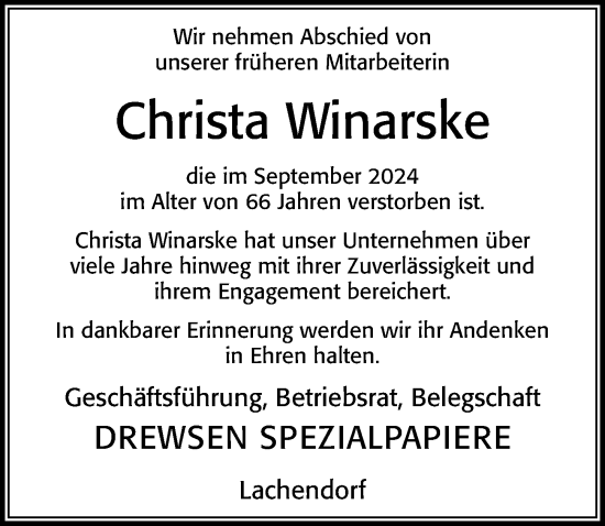 Traueranzeige von Christa Winarske von Cellesche Zeitung