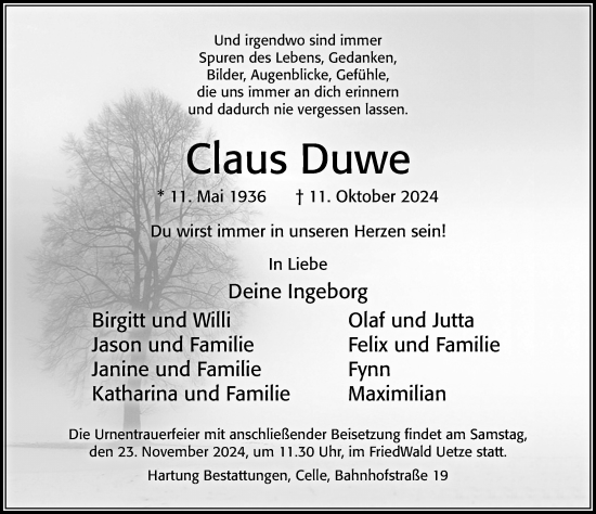 Traueranzeige von Claus Duwe von Cellesche Zeitung