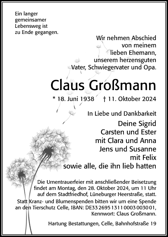 Traueranzeige von Claus Großmann von Cellesche Zeitung