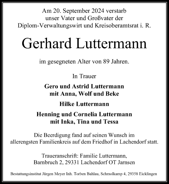 Traueranzeige von Gerhard Luttermann von Cellesche Zeitung