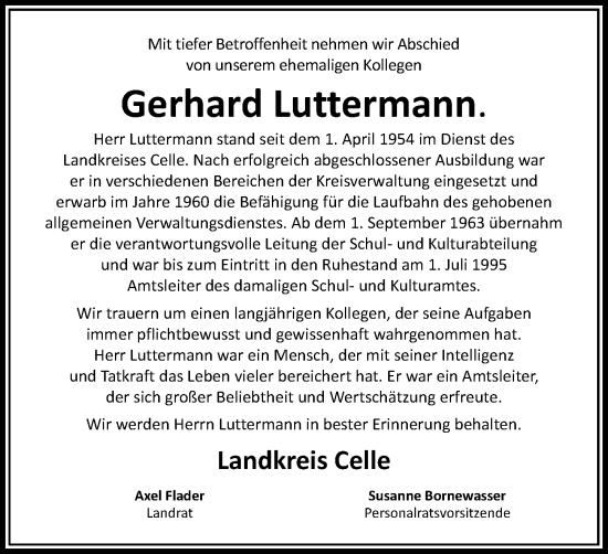 Traueranzeige von Gerhard Luttermann von Cellesche Zeitung