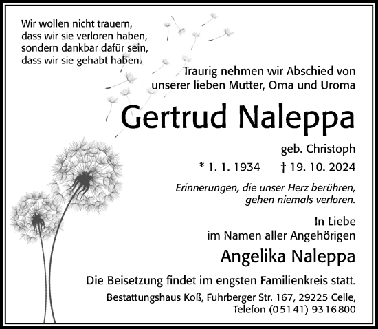 Traueranzeige von Gertrud Naleppa von Cellesche Zeitung