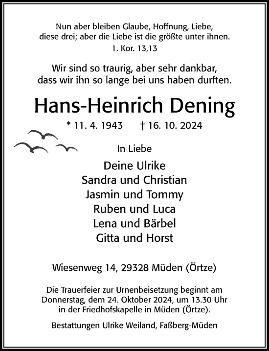 Traueranzeige von Hans-Heinrich Dening von Cellesche Zeitung