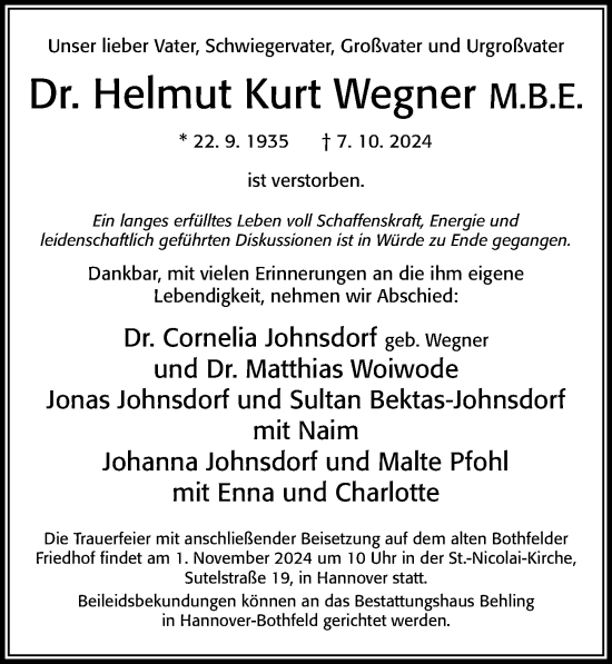 Traueranzeige von Helmut Kurt Wegner von Cellesche Zeitung