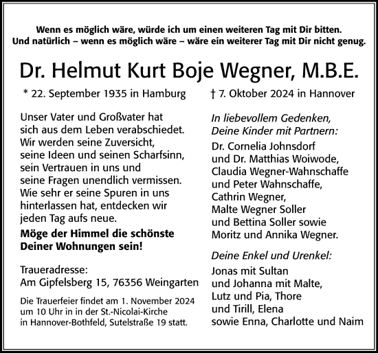 Traueranzeige von Helmut Kurt Boje Wegner von Cellesche Zeitung