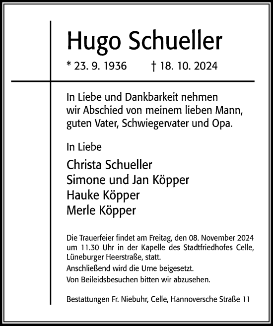 Traueranzeige von Hugo Schueller von Cellesche Zeitung