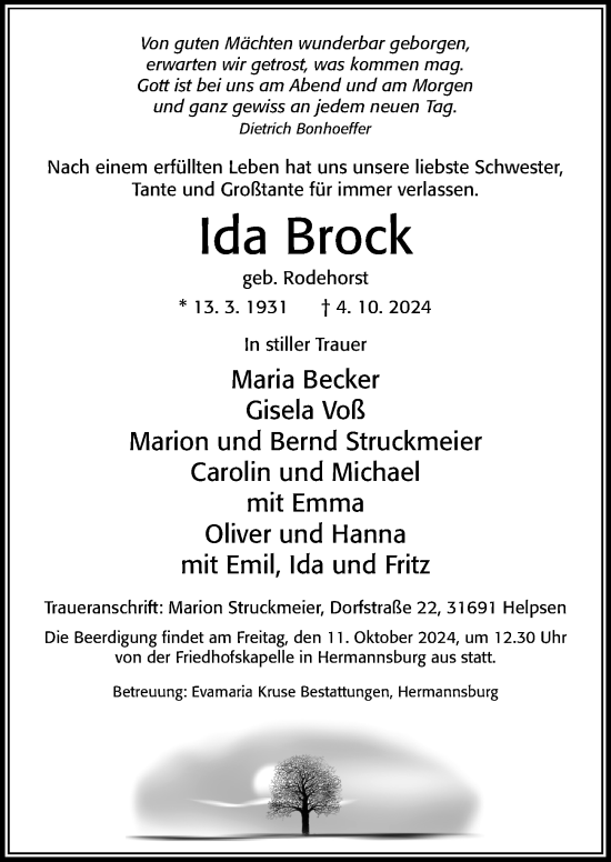 Traueranzeige von Ida Brock von Cellesche Zeitung