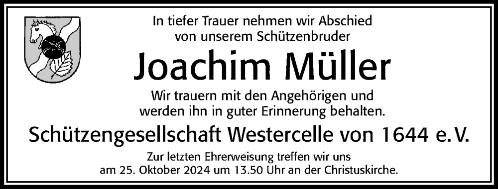  Traueranzeige für Joachim Müller vom 19.10.2024 aus Cellesche Zeitung