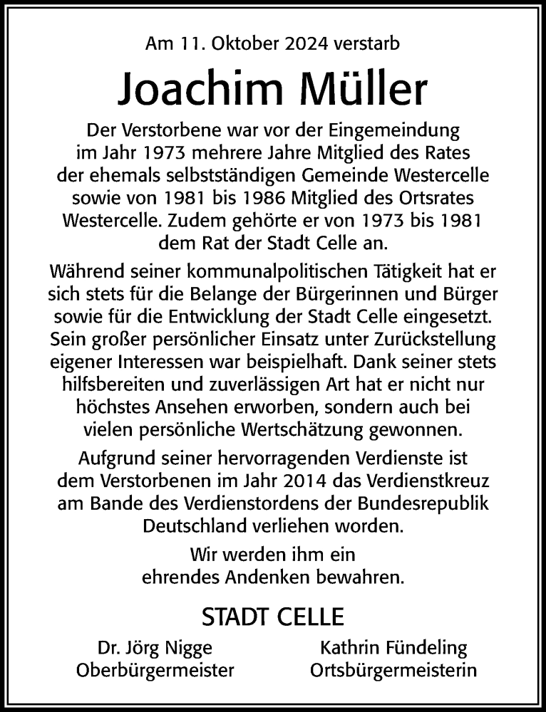  Traueranzeige für Joachim Müller vom 19.10.2024 aus Cellesche Zeitung