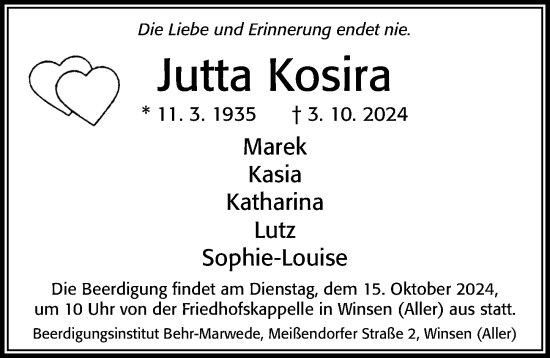 Traueranzeige von Jutta Kosira von Cellesche Zeitung