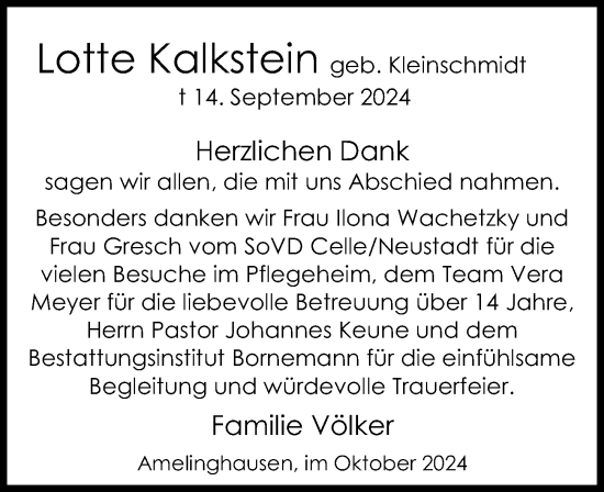 Traueranzeige von Lotte Kalkstein von Cellesche Zeitung