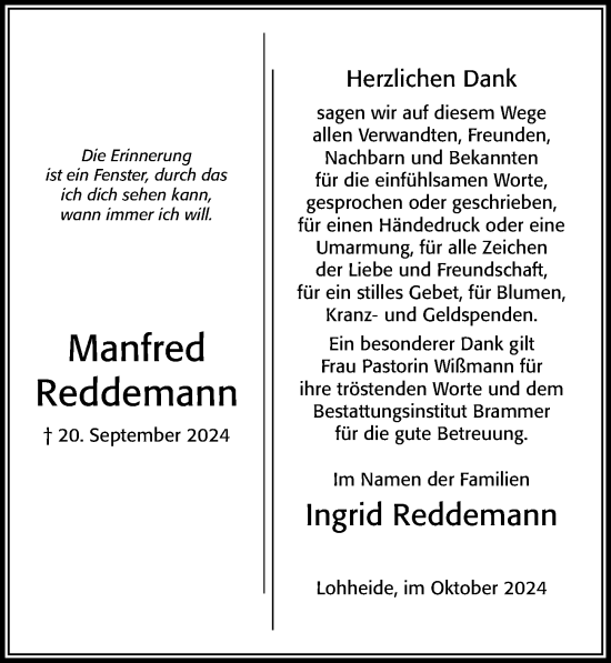 Traueranzeige von Manfred Reddemann von Cellesche Zeitung