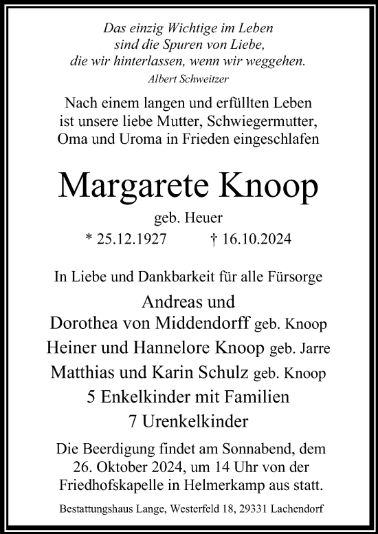 Traueranzeige von Margarete Knoop von Cellesche Zeitung