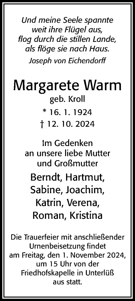 Traueranzeige von Margarete Warm von Cellesche Zeitung