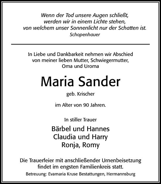 Traueranzeige von Maria Sander von Cellesche Zeitung