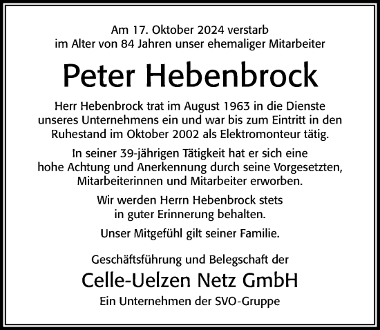 Traueranzeige von Peter Hebenbrock von Cellesche Zeitung