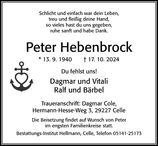 Traueranzeige von Peter Hebenbrock von Cellesche Zeitung