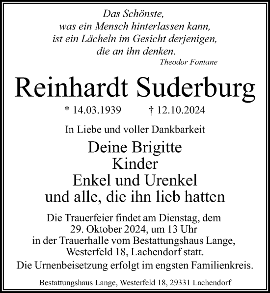 Traueranzeige von Reinhardt Suderburg von Cellesche Zeitung