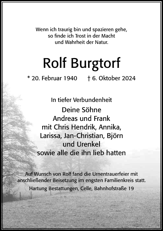 Traueranzeige von Rolf Burgtorf von Cellesche Zeitung