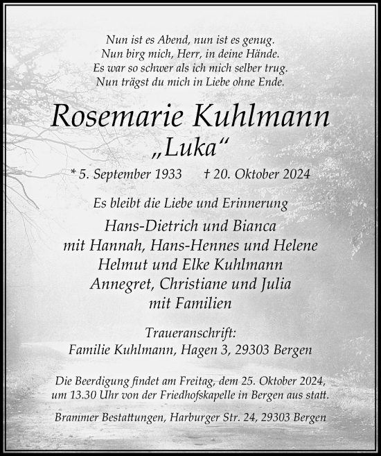 Traueranzeige von Rosemarie Kuhlmann von Cellesche Zeitung