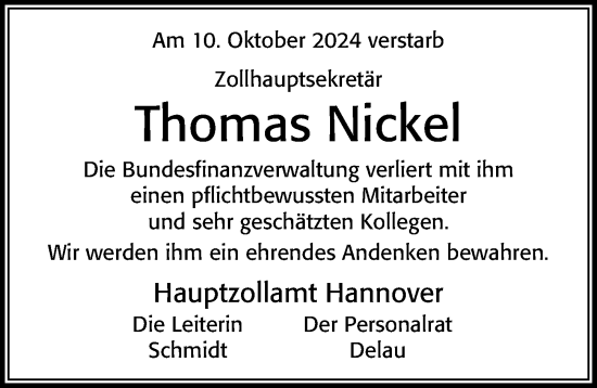 Traueranzeige von Thomas Nickel von Cellesche Zeitung