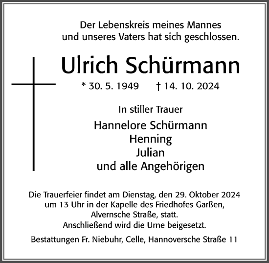 Traueranzeige von Ulrich Schürmann von Cellesche Zeitung