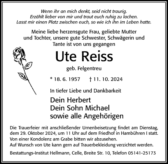 Traueranzeige von Ute Reiss von Cellesche Zeitung