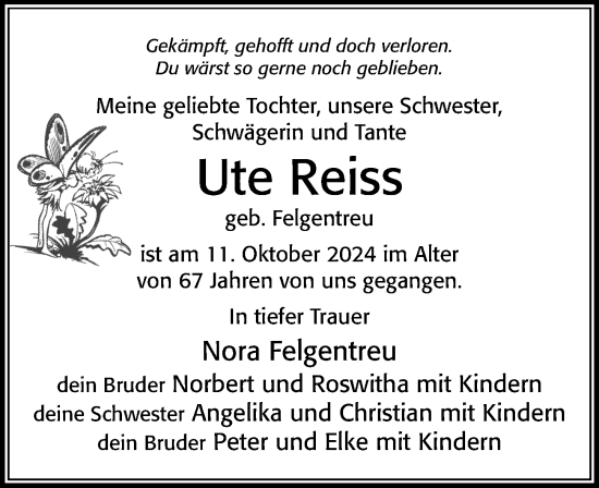 Traueranzeige von Ute Reiss von Cellesche Zeitung