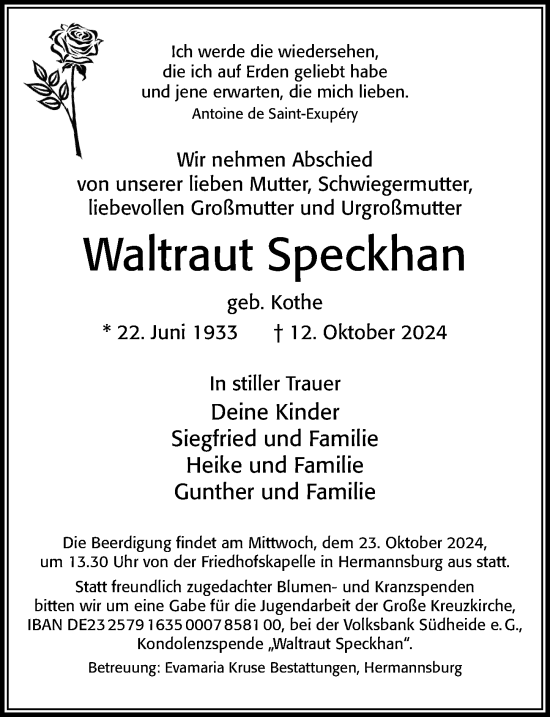 Traueranzeige von Waltraut Speckhan von Cellesche Zeitung