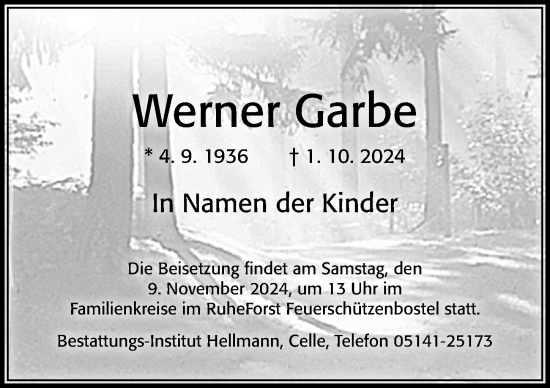 Traueranzeige von Werner Garbe von Cellesche Zeitung