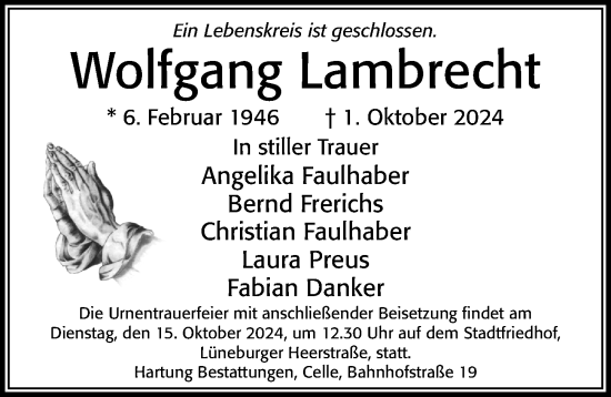 Traueranzeige von Wolfgang Lambrecht von Cellesche Zeitung