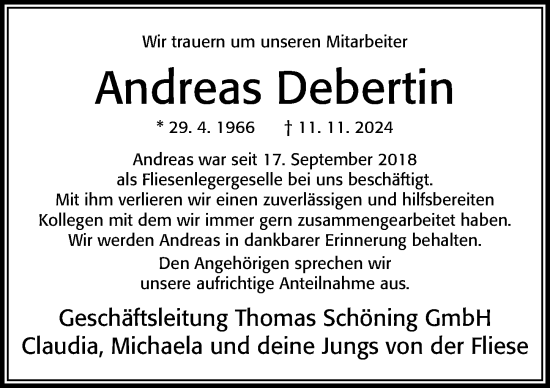 Traueranzeige von Andreas Debertin von Cellesche Zeitung