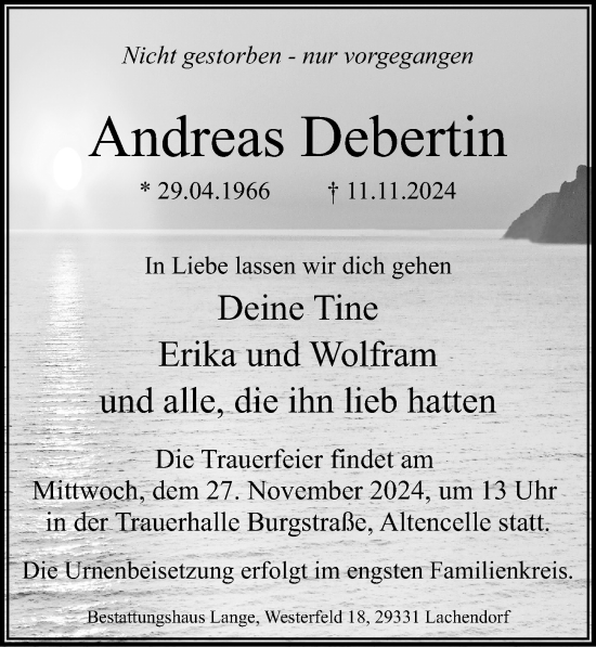 Traueranzeige von Andreas Debertin von Cellesche Zeitung