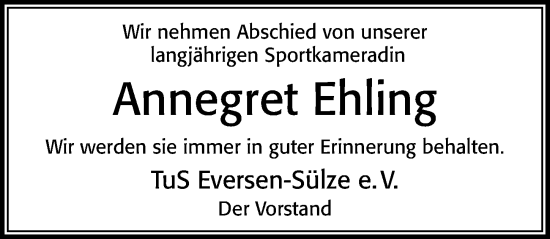 Traueranzeige von Annegret Ehling von Cellesche Zeitung