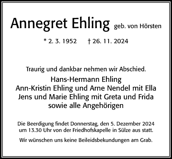 Traueranzeige von Annegret Ehling von Cellesche Zeitung