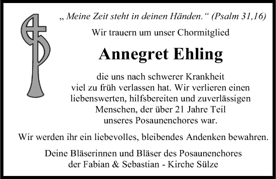 Traueranzeige von Annegret Ehling von Cellesche Zeitung