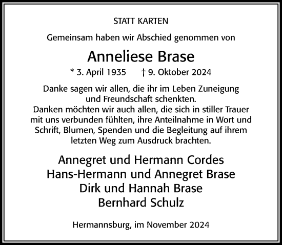 Traueranzeige von Anneliese Brase von Cellesche Zeitung