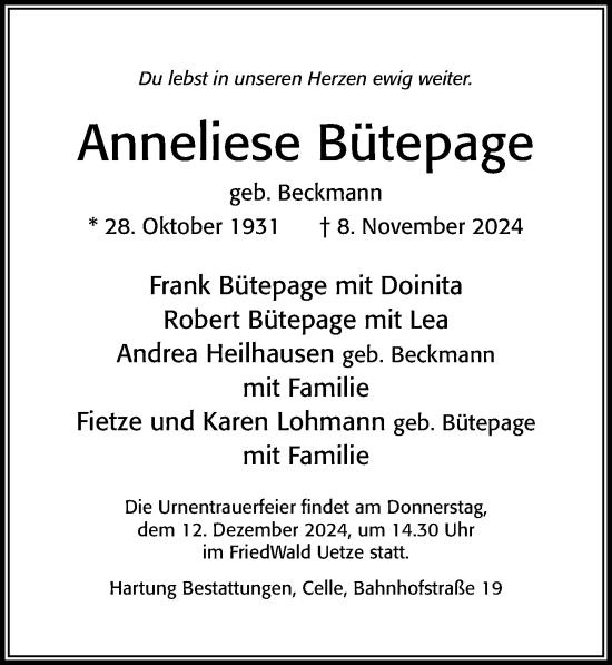 Traueranzeige von Anneliese Bütepage von Cellesche Zeitung