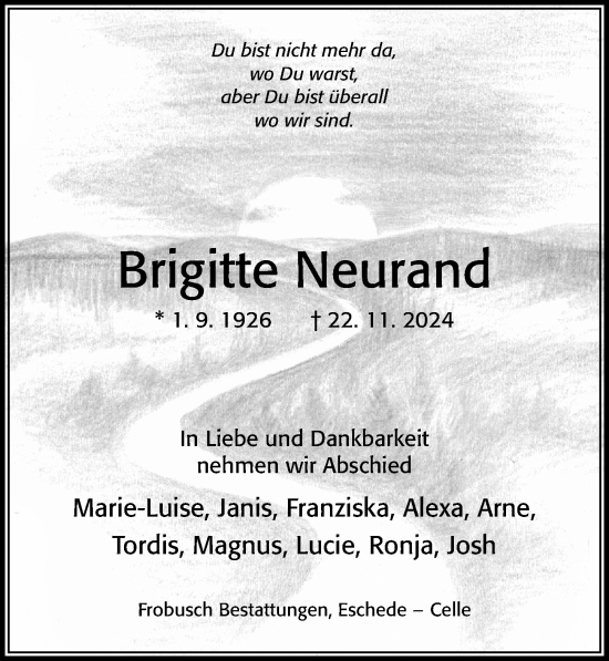 Traueranzeige von Brigitte Neurand von Cellesche Zeitung