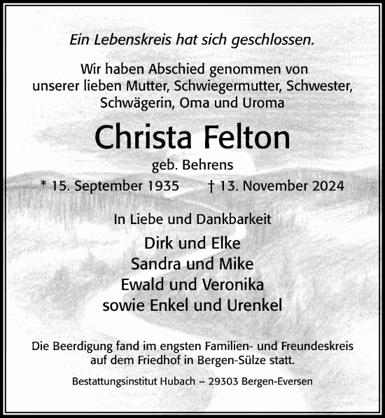 Traueranzeige von Christa Felton von Cellesche Zeitung