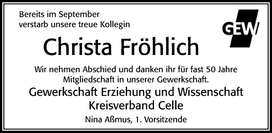 Traueranzeige von Christa Fröhlich von Cellesche Zeitung