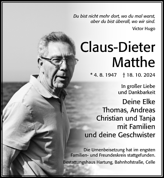 Traueranzeige von Claus-Dieter Matthe von Cellesche Zeitung