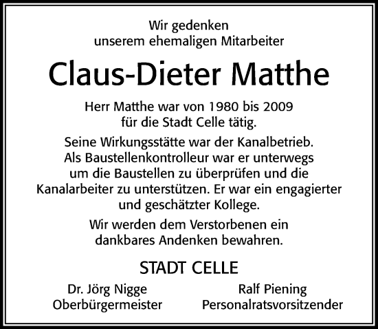 Traueranzeige von Claus-Dieter Matthe von Cellesche Zeitung