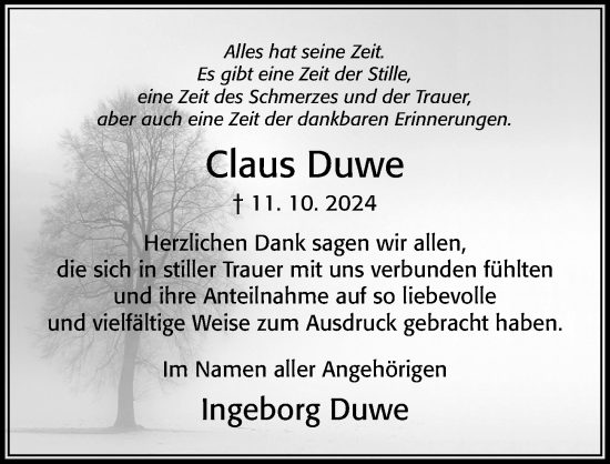 Traueranzeige von Claus Duwe von Cellesche Zeitung